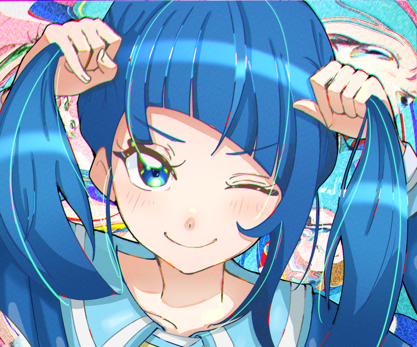 1girl ;) absurdres blue_eyes blue_hair blue_jacket closed_mouth commentary cure_sky cut_bangs hands_in_own_hair highres hirogaru_sky!_precure jacket long_hair long_sleeves looking_at_viewer noe_graphics one_eye_closed precure school_uniform single_sidelock smile solo sora_harewataru sorashido_academy_school_uniform twintails