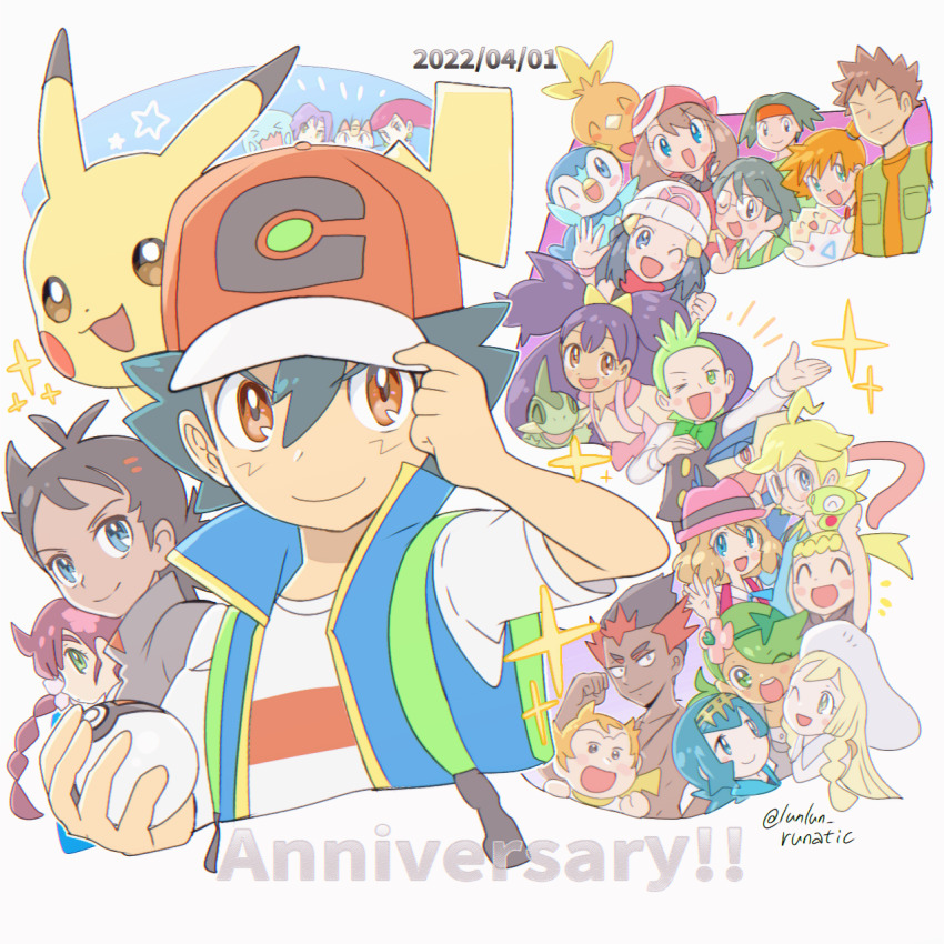 &gt;_&lt; 6+boys 6+girls =_= ^_^ adjusting_clothes adjusting_headwear ahoge anniversary aqua_eyes ash_ketchum axew bandana baseball_cap beanie black_hair black_vest blonde_hair blue_eyes blue_hair blue_vest blush blush_stickers bonnie_(pokemon) bow bowtie braid bright_pupils brock_(pokemon) brown_eyes brown_hair chloe_(pokemon) cilan_(pokemon) clemont_(pokemon) clenched_hand closed_eyes closed_mouth collared_shirt commentary_request cropped_torso dark-skinned_female dark-skinned_male dark_skin dated dawn_(pokemon) dot_nose english_text everyone eyelashes flower gen_1_pokemon gen_2_pokemon gen_3_pokemon gen_4_pokemon gen_5_pokemon gen_6_pokemon glasses goh_(pokemon) green_bow green_bowtie green_eyes green_hair green_shirt green_vest greninja hair_flower hair_ornament hairband hairclip hat headband highres holding holding_poke_ball holding_pokemon index_finger_raised iris_(pokemon) james_(pokemon) jessie_(pokemon) kiawe_(pokemon) lana_(pokemon) legendary_pokemon lillie_(pokemon) long_hair long_sleeves long_tongue mallow_(pokemon) max_(pokemon) may_(pokemon) meowth misty_(pokemon) multicolored_hair multiple_boys multiple_girls nintendo no_sclera nostrils on_shoulder one_eye_closed open_clothes open_mouth open_vest orange_hair orange_shirt pikachu pink_eyes pink_hair pink_hat piplup poke_ball poke_ball_(basic) pokemon pokemon_(anime) pokemon_(classic_anime) pokemon_(creature) pokemon_bw_(anime) pokemon_dppt_(anime) pokemon_journeys pokemon_on_shoulder pokemon_rse_(anime) pokemon_sm_(anime) pokemon_xy_(anime) purple_hair red_bandana red_hair red_hat red_headband round_eyewear runachikku scarf serena_(pokemon) shirt short_hair short_sleeves side_ponytail smile sophocles_(pokemon) spiked_hair star_(symbol) togepi tongue topless_male torchic tracey_sketchit traditional_bowtie twintails two-tone_hair v-shaped_eyebrows very_long_hair very_long_tongue vest waving white_hat white_pupils white_shirt wobbuffet yellow_hairband yellow_scarf zygarde zygarde_core