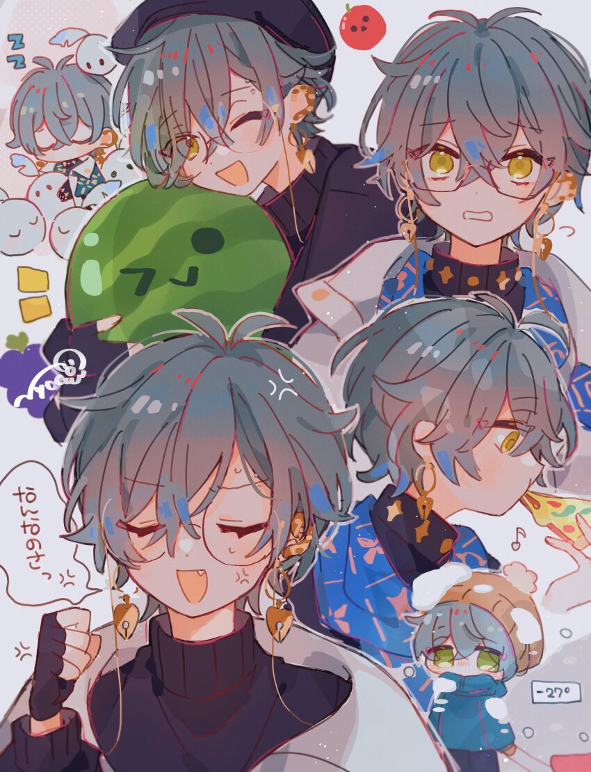 absurdres anger_vein beanie black_gloves blue_hair blue_scarf brown_hair chibi clenched_teeth closed_eyes earrings eating fang fingerless_gloves food fruit gloves gradient_hair hat highres holding holding_food holding_pizza hood hood_down hoodie hoop_earrings ike_eveland ike_eveland_(1st_costume) ike_eveland_(2nd_costume) jacket jewelry long_sleeves looking_at_viewer male_focus multicolored_hair multiple_views musical_note myoco nijisanji nijisanji_en one_eye_closed open_clothes open_jacket open_mouth pizza pizza_slice pom_pom_(clothes) pom_pom_beanie quilldren_(ike_eveland) scarf simple_background smile snow suika_game sweater teeth translation_request turtleneck turtleneck_sweater virtual_youtuber watermelon white_background yellow_eyes zzz