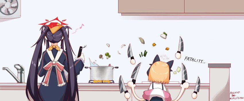 2girls absurdres animal_ear_headphones animal_ears black_dress black_hair black_horns blonde_hair blue_archive cat_ear_headphones chikakei_(tsuki_no_chika_keikoku) cooking cooking_pot death_momoi_(meme) dress english_text facing_away fake_animal_ears faucet fire from_behind fuuka_(blue_archive) halo headphones headscarf highres holding holding_knife horns indoors kitchen_knife knife long_hair long_sleeves meme momoi_(blue_archive) multiple_girls mushroom musical_note red_halo shirt slashing white_shirt yellow_headscarf