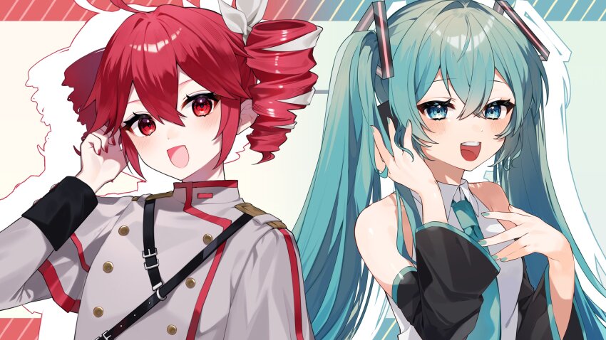 2girls absurdres ahoge bare_shoulders belt black_belt black_sleeve_cuffs blue_eyes blue_nails blush bow buttons collared_shirt commentary_request double-breasted drill_hair fingernails grey_jacket hair_between_eyes hair_bow hand_up hatsune_miku highres jacket kasane_teto kasane_teto_(sv) letterboxed long_sleeves looking_at_viewer multiple_girls open_mouth red_hair red_nails red_trim shirt shoulder_belt shoulder_boards sleeveless sleeveless_shirt synthesizer_v teeth twin_drills twintails tyazakura_sayu upper_body upper_teeth_only utau vocaloid white_bow wing_collar