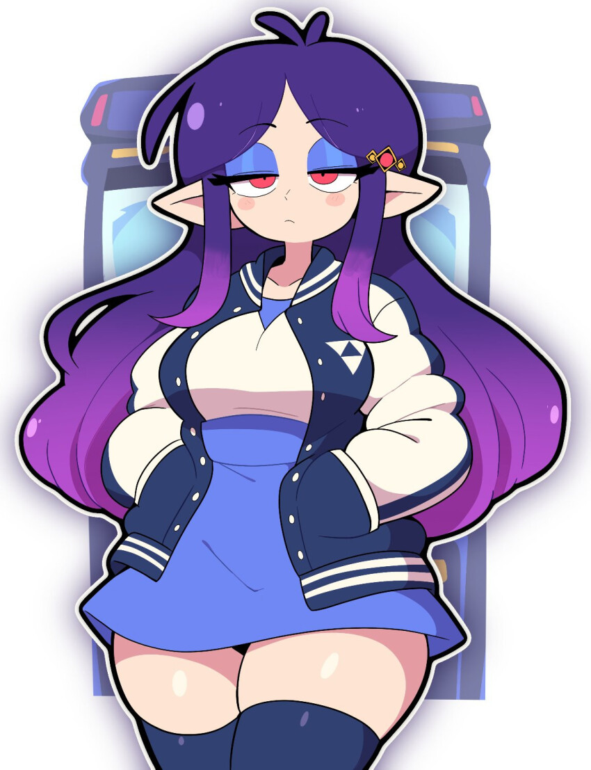 1girl alternate_costume black_thighhighs blue_eyeshadow blue_skirt casual cowboy_shot curvy eyeshadow gradient_hair hair_ornament half-closed_eyes hands_in_pockets high-waist_skirt highres jacket letterman_jacket light_frown long_hair long_sleeves looking_at_viewer makeup multicolored_hair nintendo parted_bangs pointy_ears princess_hilda purple_hair red_eyes scott_falco skirt solo the_legend_of_zelda the_legend_of_zelda:_a_link_between_worlds thick_thighs thighhighs thighs triforce two-tone_hair white_sleeves