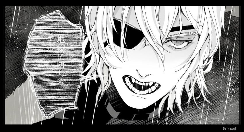 1boy black_border border close-up commentary_request dimitri_alexandre_blaiddyd dimitri_alexandre_blaiddyd_(timeskip) eyepatch fangs fire_emblem fire_emblem:_three_houses g1ngam1 greyscale hair_between_eyes looking_ahead male_focus monochrome nintendo one_eye_covered open_mouth parted_bangs sanpaku solo speech_bubble teeth