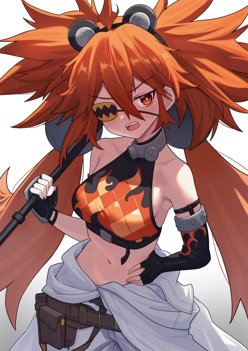 1girl asymmetrical_gloves bare_shoulders belt black_gloves boyin cowboy_shot crop_top eyepatch gloves hair_between_eyes highres holding koleda_belobog midriff navel orange_eyes orange_hair pants shirt simple_background sleeveless sleeveless_shirt solo standing stomach twintails v-shaped_eyebrows white_background white_pants zenless_zone_zero