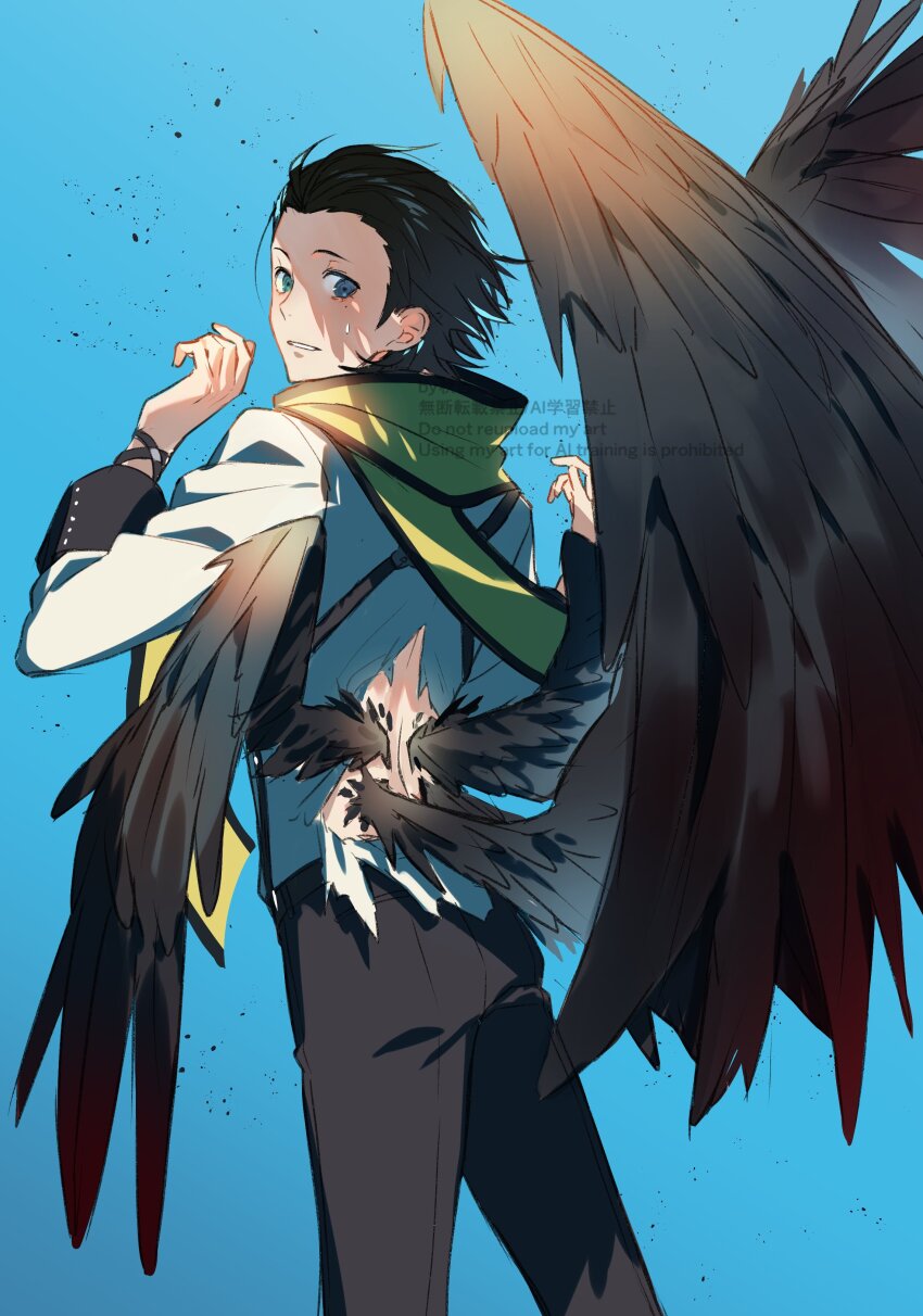 absurdres akiyoshi_nozomu black_wings blue_background blue_eyes brown_hair feathered_wings hair_slicked_back highres long_scarf mochizuki_ryouji mole mole_under_eye persona persona_3 persona_3_portable persona_3_reload scarf suspenders watermark wings yellow_scarf