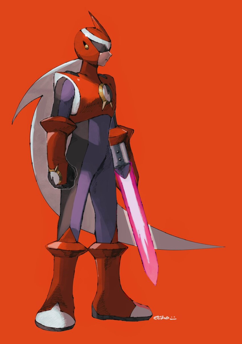 1boy arm_blade assault_visor clenched_hand grey_hair helmet highres long_hair male_focus mega_man_(series) mega_man_battle_network_(series) nctn_patch protoman.exe red_background simple_background solo very_long_hair weapon