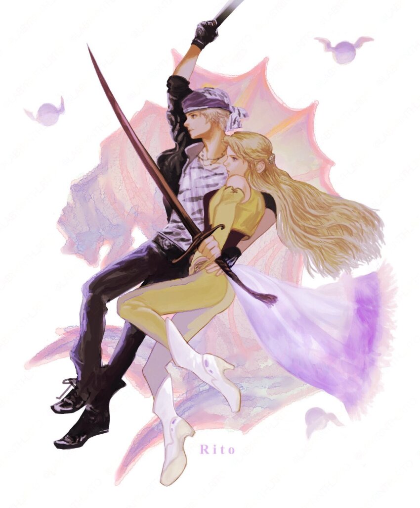 1boy 1girl arm_up artist_name black_jacket black_pants blonde_hair boots celes_chere commentary_request cropped_jacket final_fantasy final_fantasy_vi from_side full_body gloves grey_hair hand_on_another&#039;s_hip headscarf high_heel_boots high_heels highres holding holding_sword holding_weapon jacket locke_cole long_hair long_sleeves open_clothes open_jacket pants profile purple_headscarf shirt short_hair sword tori_(labyrinth_fft) weapon white_footwear white_shirt yellow_jacket yellow_pants