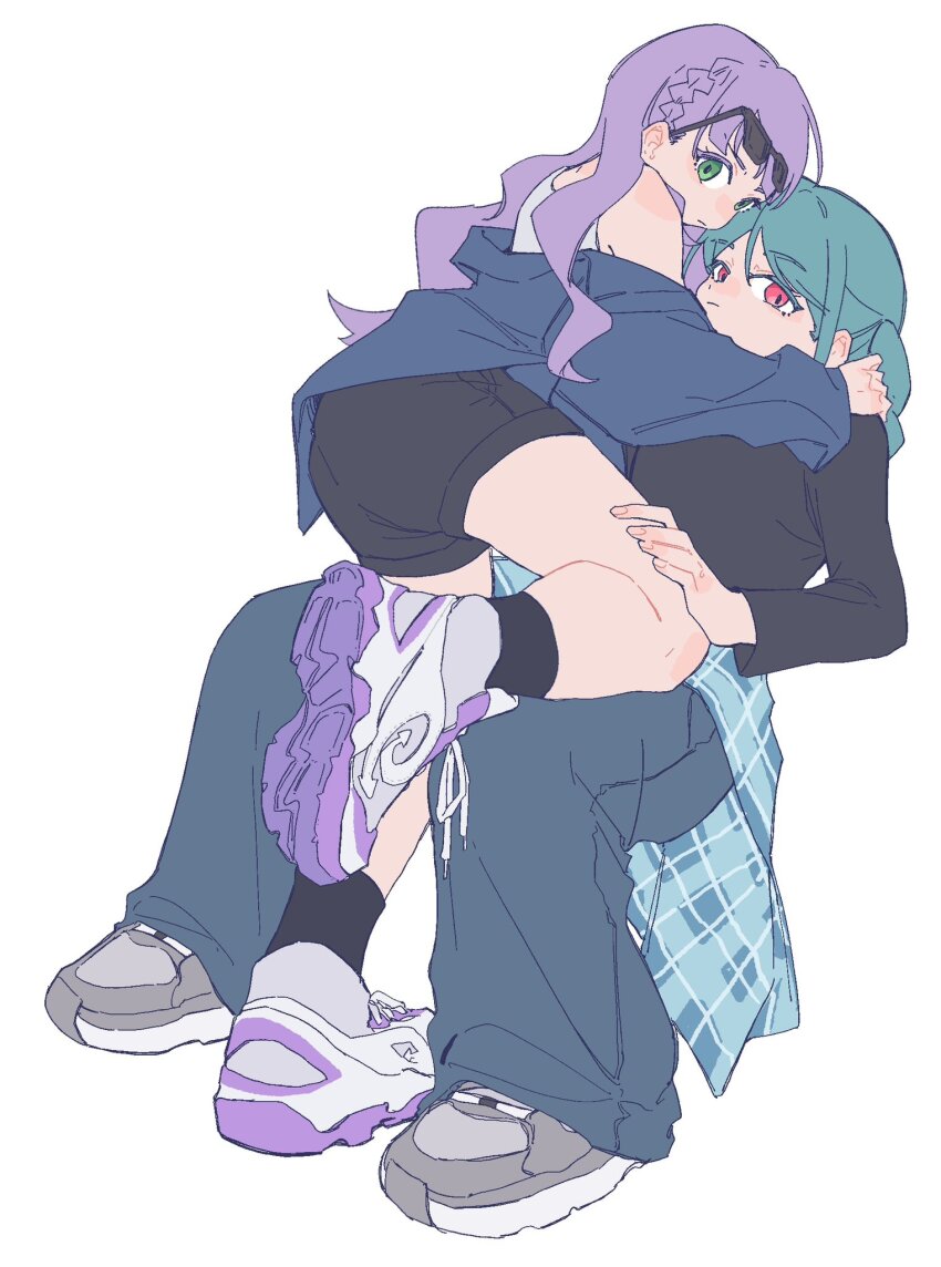 2girls black_shirt black_shorts blue_jacket blue_pants braid closed_mouth commentary green_eyes green_hair grey_shoes hand_on_another&#039;s_leg hand_on_another&#039;s_shoulder highres jacket kawa_(chuan_kawa_) long_hair long_sleeves looking_at_viewer love_live! love_live!_superstar!! multiple_girls on_lap onitsuka_tomari pants purple_hair purple_shoes red_eyes shirt shoes shorts side_braid simple_background sneakers sunglasses tank_top white_background white_tank_top wien_margarete yuri