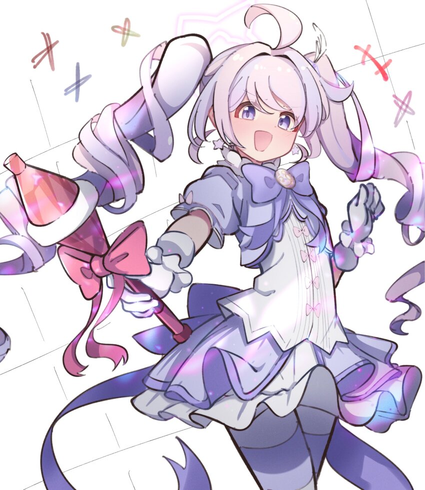 1girl ahoge blue_archive flat_chest gloves halo highres looking_at_viewer magical_girl mokoni_(wao_ko) open_mouth purple_eyes purple_hair purple_ribbon reisa_(blue_archive) reisa_(magical)_(blue_archive) ribbon solo standing twintails white_gloves