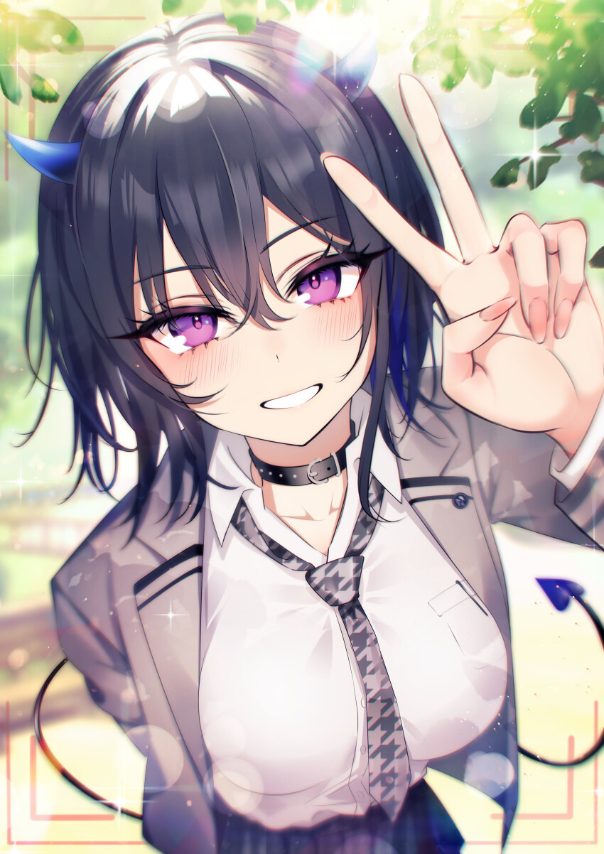 1girl absurdres arm_behind_back black_hair black_skirt blurry blurry_background blush bokeh breasts collar collared_shirt demon_tail depth_of_field grey_jacket grey_shirt hair_between_eyes hand_up highres horns houndstooth ichinose_uruha ichinose_uruha_(6th_costume) jacket kiiro_(cocoa080) leaning_forward long_sleeves looking_at_viewer medium_breasts multicolored_hair open_clothes open_jacket open_mouth pink_hair shirt short_hair skirt smile solo sparkle streaked_hair tail tree v virtual_youtuber vspo! white_shirt