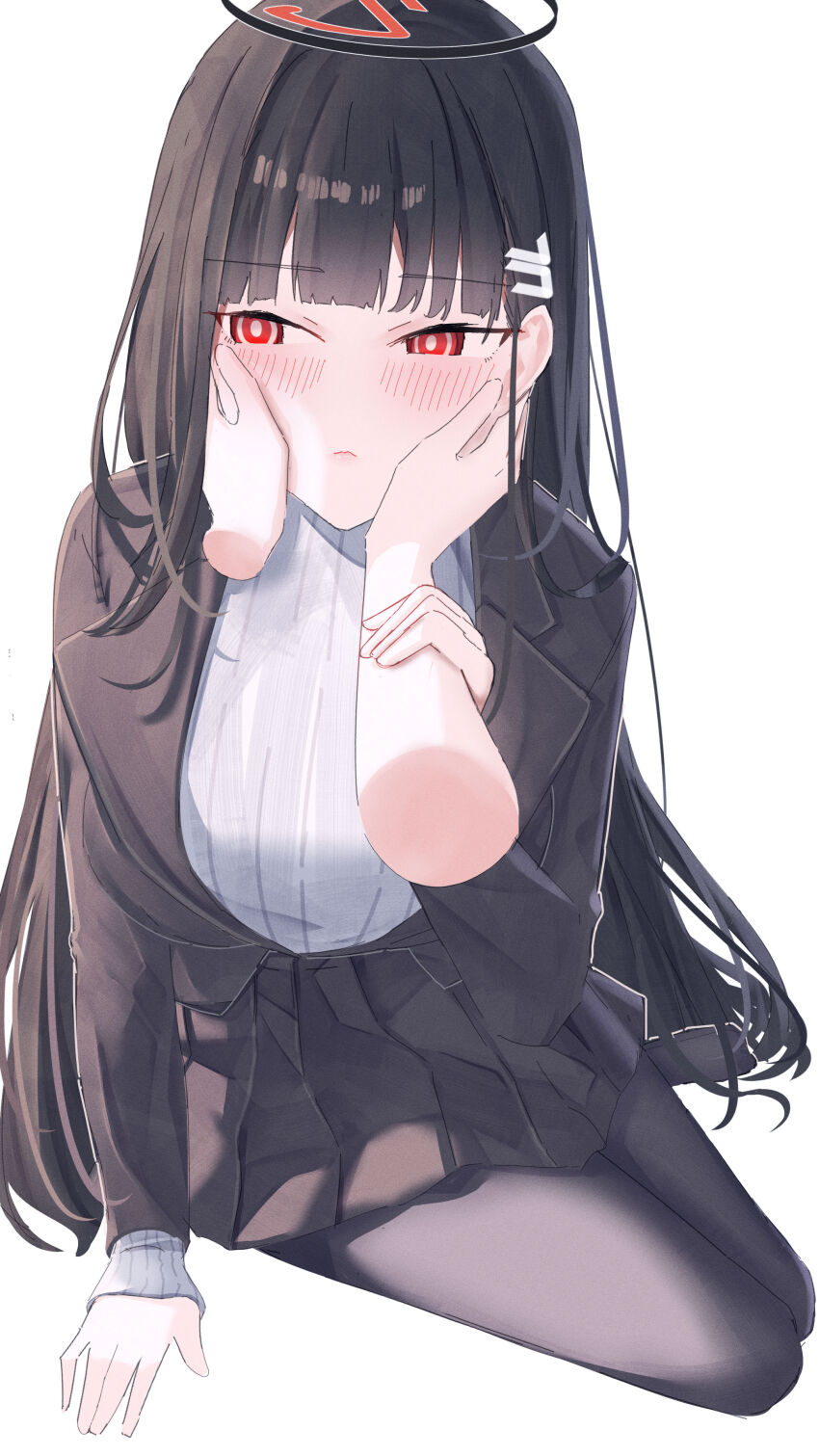 1girl absurdres black_pantyhose blazer blue_archive blunt_bangs blush breasts hair_ornament hairclip halo hands_on_another&#039;s_cheeks hands_on_another&#039;s_face highres jacket leonardo_566 long_hair pantyhose pleated_skirt red_eyes ribbed_sweater ringed_eyes rio_(blue_archive) simple_background skirt sweater turtleneck turtleneck_sweater white_background
