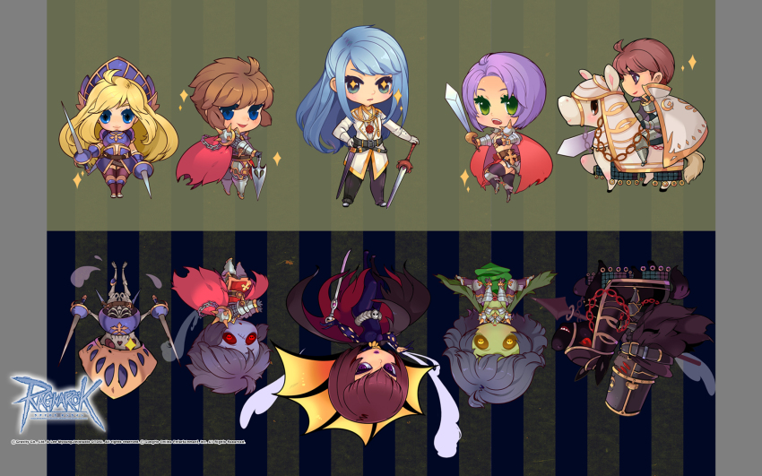 +_+ 2boys 4girls abysmal_knight agony_of_royal_knight armor armored_boots barding before_and_after black_armor black_cape black_hair black_pants black_thighhighs blonde_hair blue_armor blue_eyes blue_hair bodysuit boots breastplate brown_eyes brown_hair cane cape chain chibi chibi_only closed_mouth coat colored_sclera colored_skin copyright_notice cross_of_prontera darkirin dual_wielding expressionless full_body gauntlets green_background green_eyes green_skin half_updo heinrich_(ragnarok_online) highres himmelmez holding holding_cane holding_sword holding_weapon horse horseback_riding khalitzburg_(ragnarok_online) knight lance logo long_hair looking_at_viewer multiple_boys multiple_girls official_art official_wallpaper open_mouth pants pauldrons polearm purple_bodysuit purple_eyes purple_hair purple_skin ragnarok_online red_cape red_eyes red_sclera riding rune_knight_(ragnarok_online) shoes short_hair shoulder_armor skeleton smile spiked_pauldrons striped_background sword thighhighs undead visor_(armor) weapon white_cape white_coat zombie