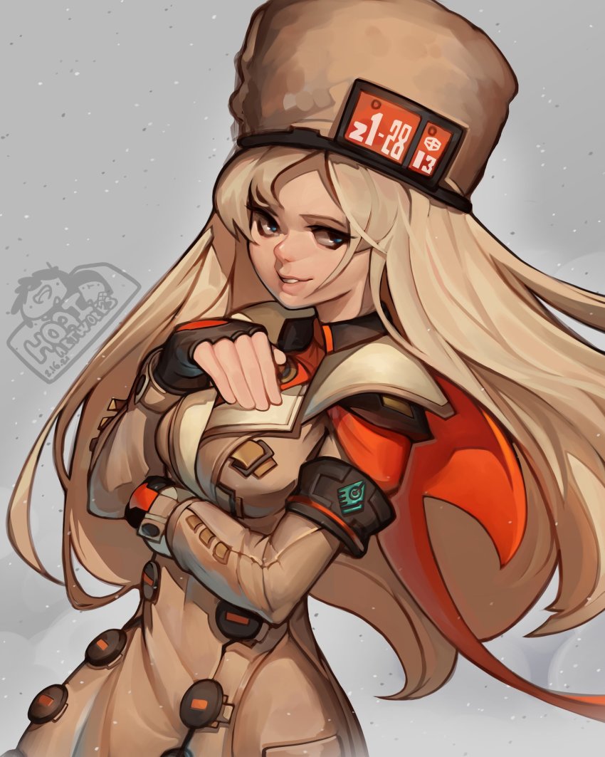 1girl beige_coat blonde_hair blue_eyes coat fur fur_hat guilty_gear guilty_gear_strive hat highres hoai_vu long_hair looking_at_viewer millia_rage ushanka