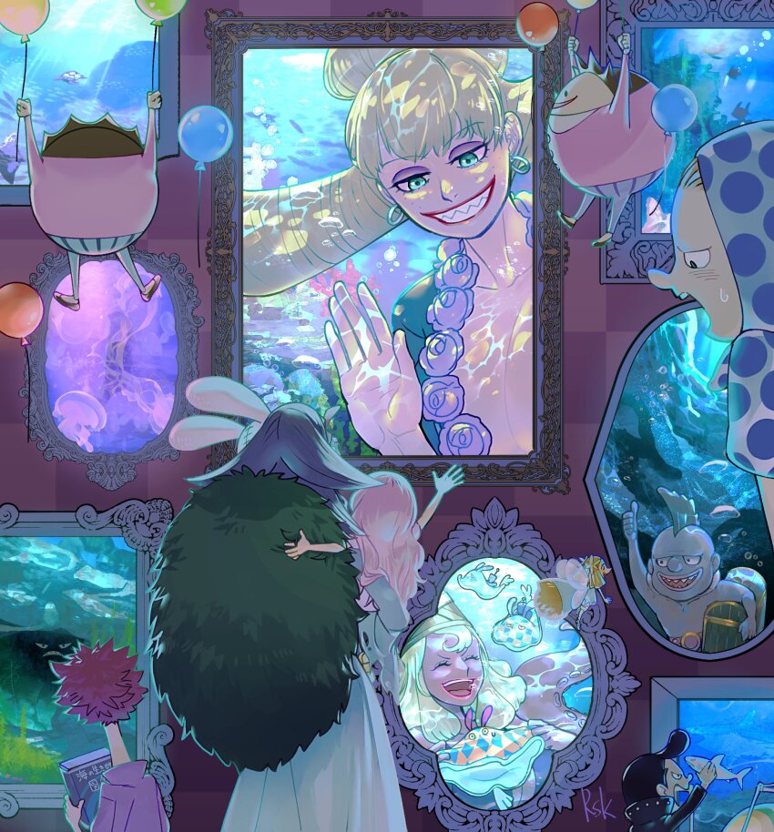 5boys 5girls animal_ears aquarium balloon black_coat black_hair black_jacket blonde_hair book breasts brown_hair carrying carrying_person charlotte_anana charlotte_anglais charlotte_brulee charlotte_de-chat charlotte_dolce charlotte_dragee charlotte_praline charlotte_prim charlotte_wafers charlotte_wiro cleavage coat coral dress earrings floating flower freckles from_behind fur_coat green_eyes high_collar highres holding holding_balloon holding_book holding_toy hoop_earrings jacket jellyfish jewelry laughing long_hair long_neck looking_at_another mohawk mollusc_shell multiple_boys multiple_girls one_piece open_mouth picture_frame pink_hair polka_dot pompadour purple_flower purple_hair purple_rose rabbit_ears red_hair rose rsk_rasukuman shark sharp_teeth shell short_hair siblings signature size_difference small_sweatdrop smile teeth thumbs_up toy treasure_chest upper_teeth_only waving_arm white_dress