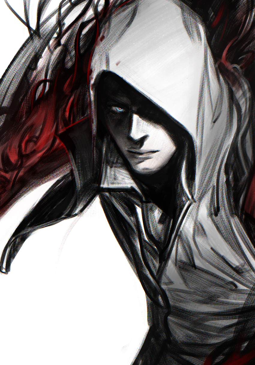 1boy alex_mercer animification arm_blade blue_eyes c2h4_(1849155751) collared_shirt commentary english_commentary floating_clothes highres hood hood_up hoodie jacket looking_at_viewer male_focus prototype_(game) shirt solo weapon white_background