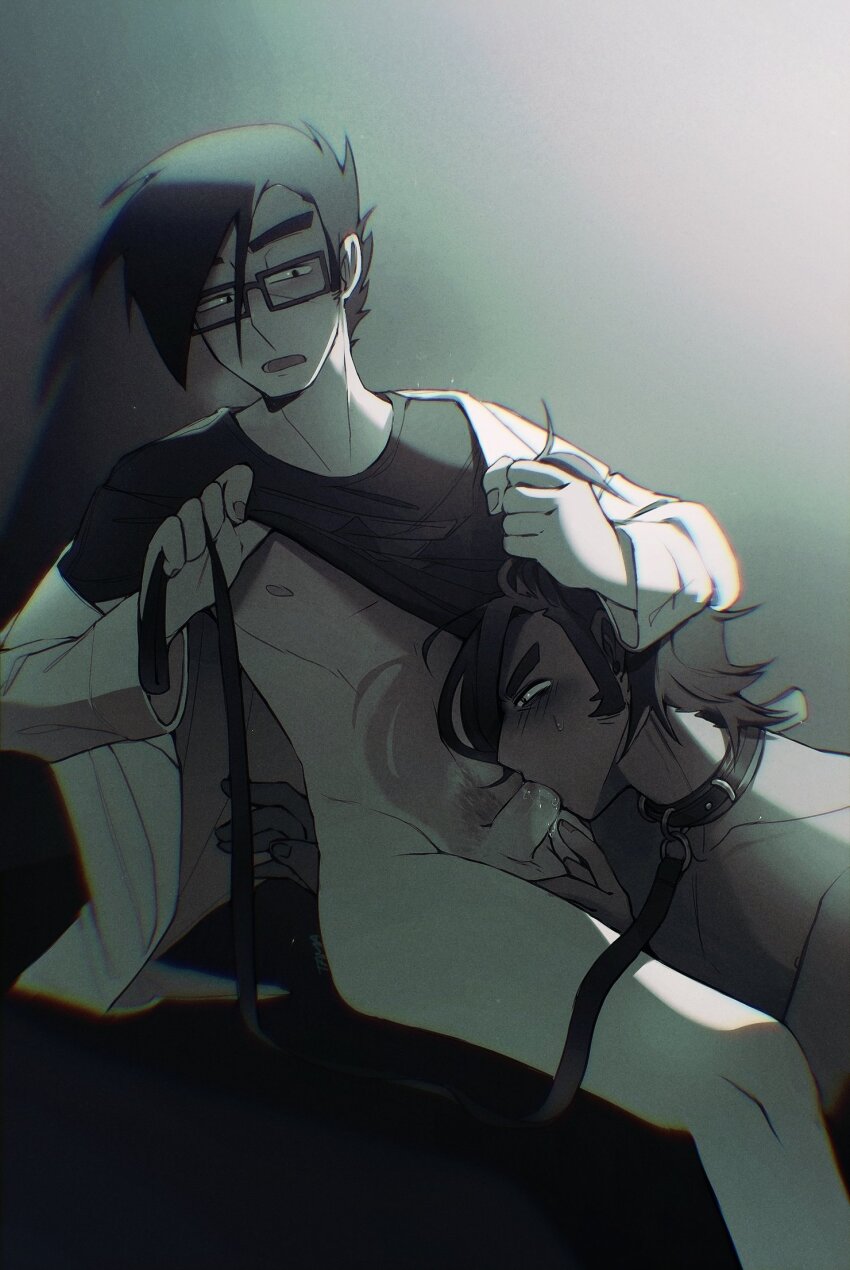 2boys animal_collar blush bottomless clothes_lift collar commentary dark dark-skinned_male dark_skin english_commentary existenc3 fellatio gideon_graves glasses grabbing_another&#039;s_hair greyscale highres holding holding_leash interracial leash lifting_own_clothes male_focus matthew_patel monochrome multiple_boys nipples nude open_mouth oral penis saliva scott_pilgrim_(series) scott_pilgrim_takes_off shirt_lift short_hair sitting testicles yaoi