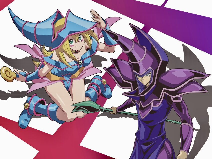 1boy 1girl armor bare_shoulders blonde_hair blue_boots blue_dress blue_eyes blue_hat blush_stickers boots breasts cleavage dark_magician dark_magician_girl dress duel_monster facial_mark hat highres holding holding_staff long_hair medium_breasts purple_armor purple_hair purple_robe robe staff yu-gi-oh! zeke_(analogmon)