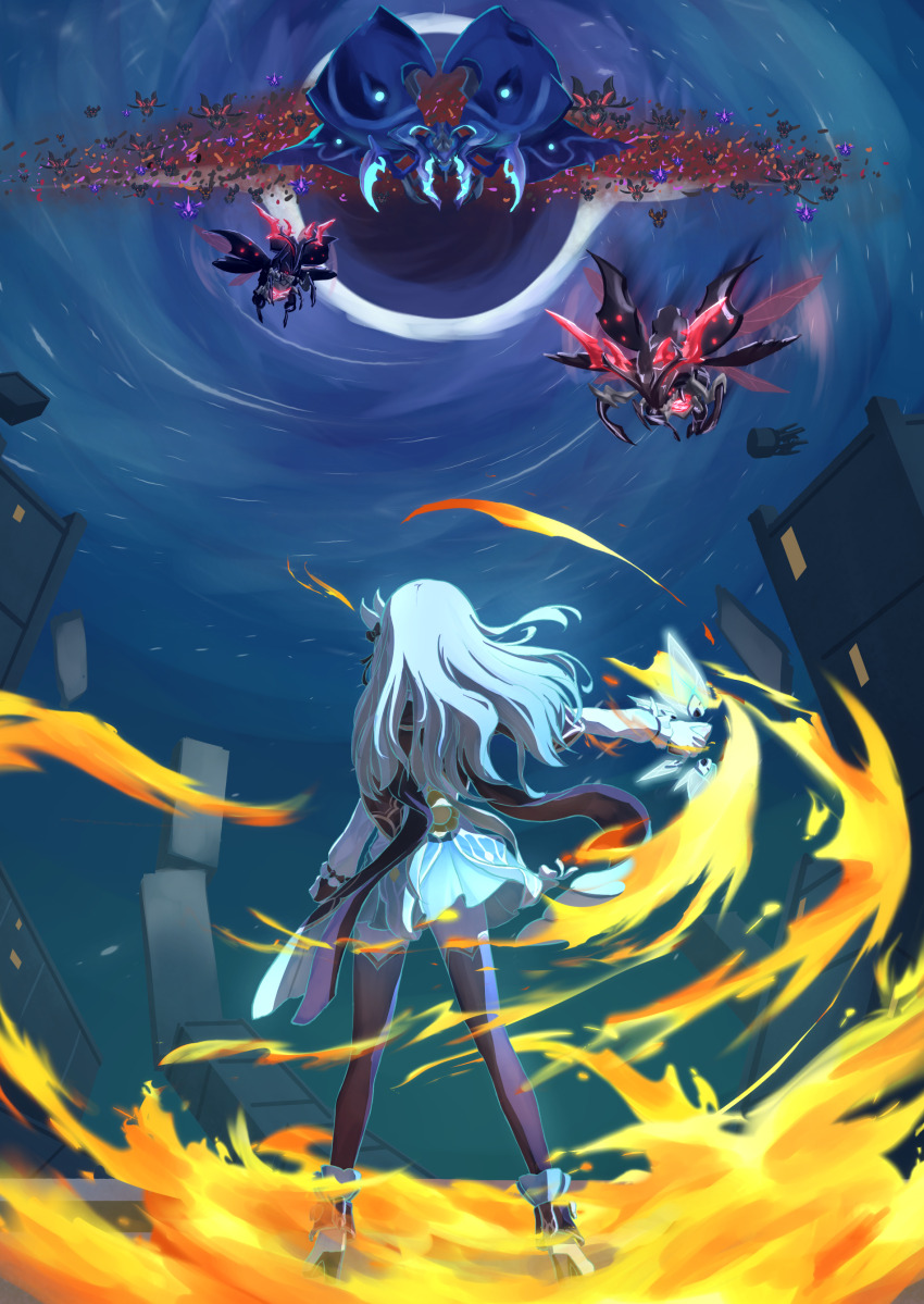 1girl absurdres bug clenched_hand fire firefly_(honkai:_star_rail) from_behind green_skirt grey_hair highres honkai:_star_rail honkai_(series) insect_wings long_hair simon_tearla skirt swarm thighhighs wings wormhole