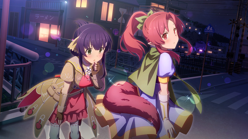 2girls building closed_mouth cosplay crossover dog_tail dress folded_ponytail game_cg green_eyes long_hair looking_at_viewer miki_sauvester miki_sauvester_(cosplay) millie_chliette multiple_girls night official_art outdoors parted_bangs ponytail purple_hair red_eyes red_hair road standing star_ocean star_ocean_anamnesis street tail toji_no_miko toji_no_miko:_kizamishi_issen_no_tomoshibi v-shaped_eyebrows yanase_mai