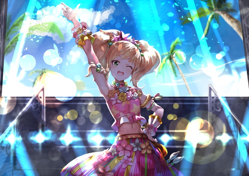 10s 1girl aikatsu! aikatsu!_(series) aikatsu_stars! arm_up bare_shoulders blonde_hair blush crop_top detached_sleeves female_focus green_eyes hair_ornament hand_on_own_hip koruse long_hair looking_at_viewer navel nikaido_yuzu one_eye_closed open_mouth pink_skirt shirt skirt sleeveless sleeveless_shirt smile solo star_(symbol) star_hair_ornament twintails