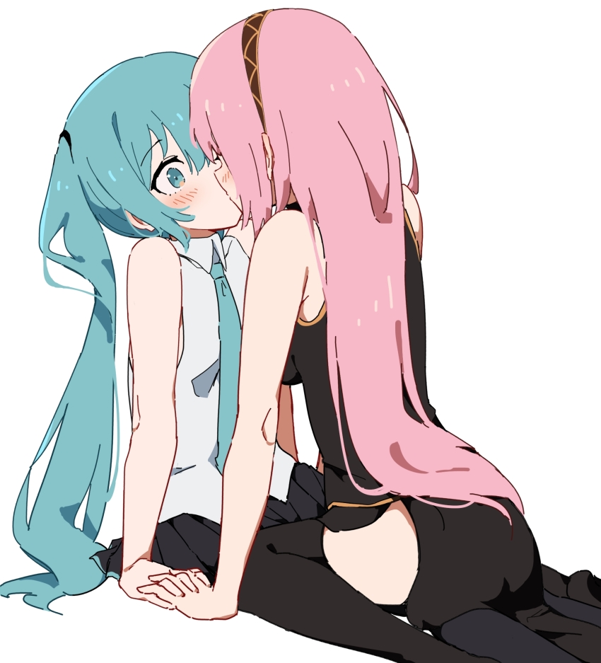 2girls bare_arms black_shirt black_skirt black_thighhighs blue_eyes blue_necktie blush brown_hairband collared_shirt commentary_request giryu hairband hatsune_miku highres kiss long_hair looking_at_another megurine_luka multiple_girls necktie pink_hair pleated_skirt shirt simple_background skirt sleeveless sleeveless_shirt thighhighs vocaloid white_background white_shirt yuri