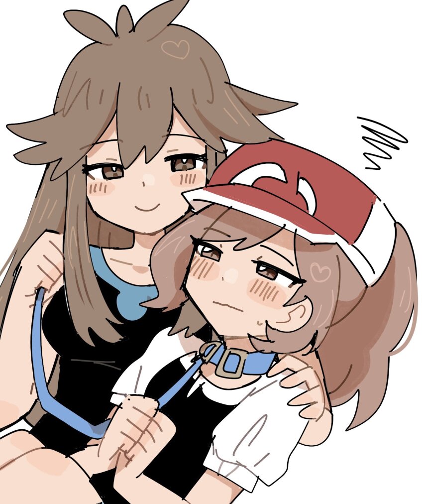 2girls black_shirt blush brown_eyes brown_hair creatures_(company) elaine_(pokemon) game_freak green_(pokemon) half-closed_eyes han0579 hat highres holding holding_leash leash long_hair looking_at_another multiple_girls nintendo pokemon pokemon_lgpe ponytail shirt short_sleeves sleeveless sleeveless_shirt smile upper_body white_background yuri