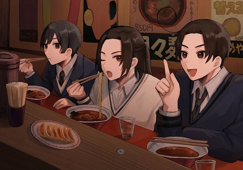 3boys ahoge axis_powers_hetalia black_hair black_jacket black_necktie black_sweater bowl brown_eyes brown_hair china_(hetalia) chopsticks closed_mouth coin collared_shirt commentary_request cup eating food hand_up highres himoon666 holding holding_chopsticks index_finger_raised indoors jacket japan_(hetalia) korea_(hetalia) lapels long_hair looking_at_another multiple_boys necktie noodles one_eye_closed open_mouth ponytail shirt short_hair sidelocks sitting smile soup steamed_bun suit_jacket sweater table vest water white_shirt white_sweater white_vest