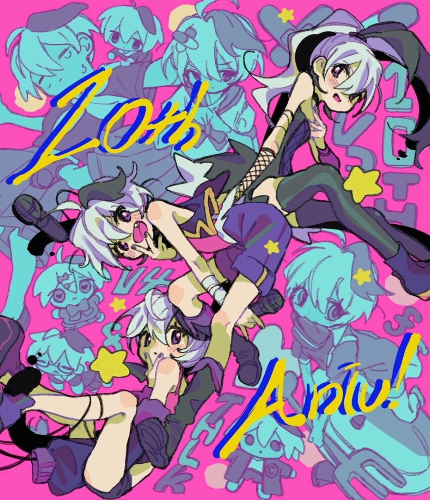 6+girls :d ahoge anniversary bandaged_arm bandages bare_shoulders black_boots black_choker black_jacket black_nails black_thighhighs boots bow bowtie character_name chibi choker closed_eyes closed_mouth commentary crossed_bandaids edge_0605 fang fishnet_sleeves fishnets flower_(gynoid_talk) flower_(vocaloid) flower_(vocaloid3) flower_(vocaloid4) full_body gynoid_talk hand_on_own_chest high_ponytail highres holding holding_microphone jacket knee_boots long_sleeves medium_skirt microphone multicolored_hair multiple_girls multiple_persona nail_polish open_clothes open_jacket open_mouth pill pink_background pink_shirt ponytail puffy_long_sleeves puffy_sleeves purple_eyes purple_shorts sailor_collar school_uniform shirt short_hair shorts simple_background skirt sleeveless sleeveless_jacket smile star_(symbol) streaked_hair thighhighs two-tone_hair v v_over_mouth venom_(vocaloid) vocaloid