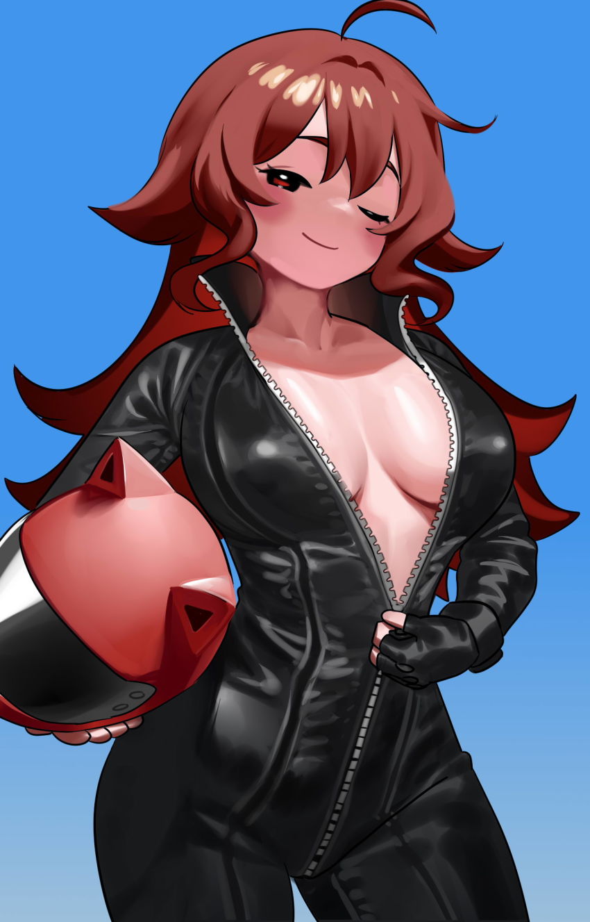 1girl ahoge biker_clothes bikesuit blue_background blush bodysuit breasts breasts_apart brown_hair cowboy_shot friday_night_funkin&#039; girlfriend_(friday_night_funkin&#039;) gradient_background helmet highres holding holding_helmet long_hair medium_breasts nia_(nia4294) no_bra one_eye_closed partially_unzipped shadow smile solo