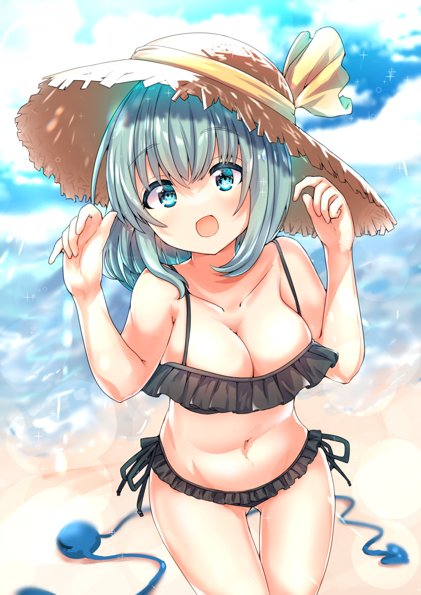 1girl :d absurdres alternate_costume alternate_headwear arms_up bare_shoulders beach bikini black_bikini black_bra black_panties blue_sky blush bra breasts cleavage cloud cloudy_sky collarbone commentary_request cowboy_shot day frilled_bikini frilled_bra frilled_panties frills hat hat_ribbon highres komeiji_koishi large_breasts lens_flare looking_at_viewer navel ocean open_mouth outdoors panties rapameri ribbon short_hair sky smile solo sparkle standing stomach straw_hat string swimsuit thighs third_eye touhou underwear yellow_ribbon