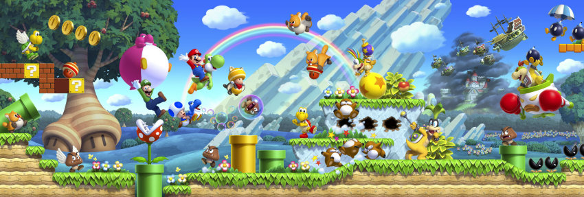 3d aircraft airship bob-omb bowser_jr. castle cloud coin facial_hair gloves goomba happy hat highres iggy_koopa koopa koopa_paratroopa koopa_troopa koopalings lemmy_koopa long_image looking_at_viewer luigi mario mario_(series) monty_mole mountain multiple_boys muncher mustache new_super_mario_bros. new_super_mario_bros._u new_super_mario_bros._u_deluxe nintendo official_art outdoors overalls para-bomb paragoomba piranha_plant rainbow royalsupermario sky smile super_mario_bros._1 toad_(mario) tree waddlewing wide_image wings yoshi