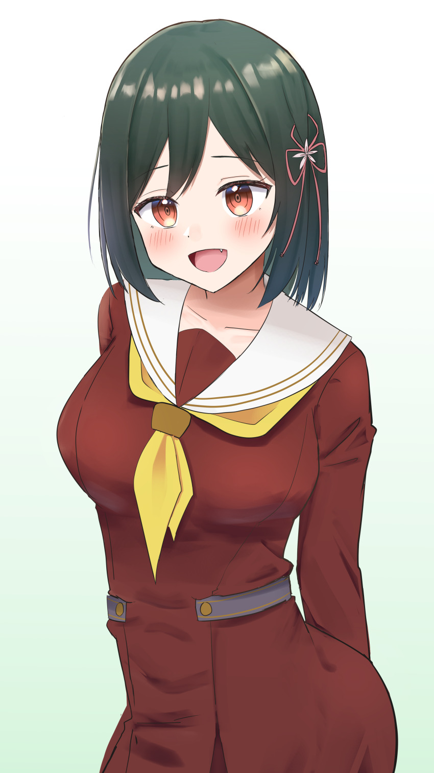 1girl absurdres blush bob_cut breasts brown_dress collarbone commentary_request cosplay cowboy_shot dress fang flower flower_knot gradient_background green_background green_hair hair_flower hair_ornament hasu_no_sora_school_uniform highres large_breasts link!_like!_love_live! long_sleeves look-alike love_live! love_live!_nijigasaki_high_school_idol_club medium_hair mifune_shioriko momose_ginko momose_ginko_(cosplay) neckerchief orange_eyes panaham partial_commentary pink_flower pleated_dress sailor_collar sailor_dress school_uniform simple_background solo trait_connection virtual_youtuber white_background white_sailor_collar winter_uniform yellow_neckerchief