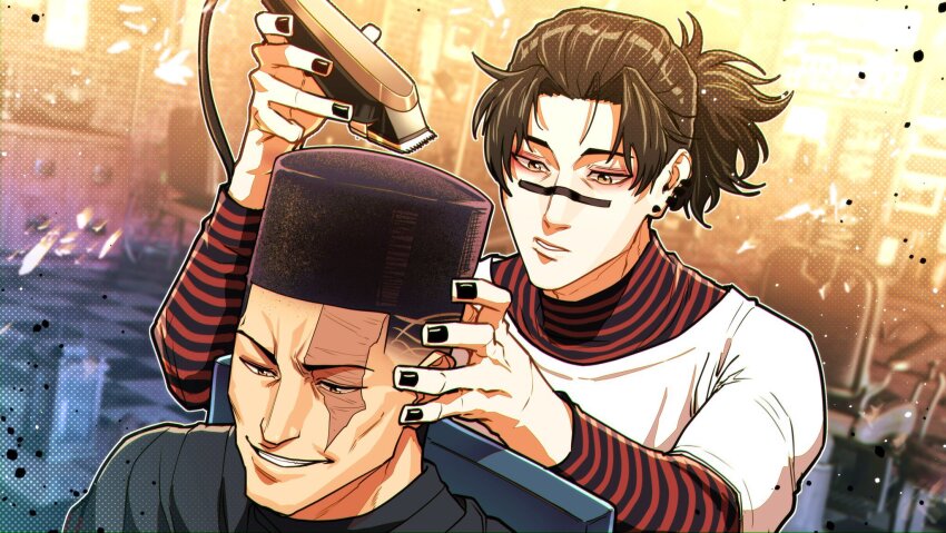 2boys barber black_hair black_nails choso_(jujutsu_kaisen) cutting_another&#039;s_hair cutting_hair electric_razor facial_tattoo highres indoors jujutsu_kaisen long_sleeves multiple_boys razor scar scar_across_eye scar_on_face shirt sitting smile striped_clothes striped_shirt tattoo thirdphp toudou_aoi_(jujutsu_kaisen)