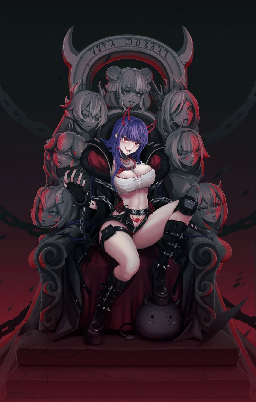 absurdres akuma_nihmune akuma_nihmune_(demon_past) banefury bao_(vtuber) belt belt_buckle black_nails boots bracelet breasts buckle chain collar demon_girl demon_horns eiko_orihime fingerless_gloves gloves highres horns indie_virtual_youtuber jewelry knee_boots large_breasts looking_at_viewer open_mouth pubic_tattoo purple_hair rainhoe red_eyes sanagi_yuzu shylily spiked_bracelet spiked_kneepads spikes tattoo teeth thigh_strap throne toned toned_female tongue trickywi vienna_(vtuber) virtual_youtuber