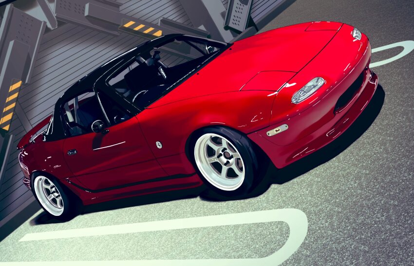 car commentary_request dutch_angle eunos_roadster highres mazda_mx-5 mazda_mx-5_na motor_vehicle no_humans original outdoors realistic red_car s_sho_mkrn unfinished vehicle_focus