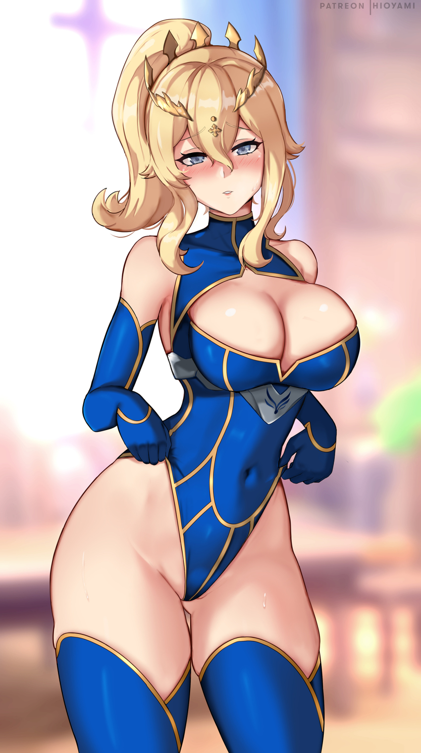 1girl absurdres adjusting_clothes artoria_pendragon_(fate) artoria_pendragon_(lancer)_(fate) artoria_pendragon_(lancer)_(fate)_(cosplay) blonde_hair blue_eyes blue_gloves blue_thighhighs blush breasts cleavage cosplay covered_collarbone covered_navel crown elbow_gloves fate/grand_order fate_(series) genshin_impact gloves heattech_leotard highres hioyami jean_(genshin_impact) large_breasts long_hair looking_at_viewer thick_thighs thighhighs thighs turtleneck