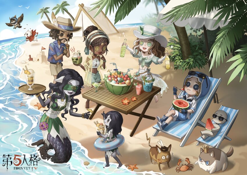 1boy 1other 5girls :3 absurdres alcohol anger_vein barefoot beach beach_chair beach_umbrella belt bendy_straw bikini bikini_top_only bird black_eyes black_hair black_skin blindfold blonde_hair blue_eyes blue_gloves blue_shirt bottle bracelet bucket button_eyes buttons cat chibi cocktail_umbrella coconut collared_shirt colored_skin copyright_name crab cup dark-skinned_female dark_skin demi_bourbon demi_bourbon_(sea_salt_mocktail) dog dreadlocks drinking_glass drinking_straw earrings eating facial_hair finger_to_mouth fingerless_gloves flower food frilled_shorts frills fruit gloves goatee gradient_skin green_blindfold grey_skin hair_bun hat hat_feather hibiscus highres holding holding_bottle holding_drinking_straw holding_spoon holding_tray hoop_earrings ice ice_cube identity_v innertube jewelry kevin_ayuso kevin_ayuso_(island_tourist) kiwi_(fruit) kiwi_slice lamia lemon lemon_slice light_particles logo long_hair medium_hair mini_flag monster_girl multicolored_hair multiple_bracelets multiple_girls mustache necklace official_art outdoors owl palm_tree patricia_dorval patricia_dorval_(tropical_holiday) purple_lips red_lips sand sand_castle sand_sculpture scales seashell shell shell_necklace shirt short_hair short_sleeves shorts shushing simple_bird single_hair_bun spoon standing standing_on_one_leg starfish strapless strapless_bikini sun_hat sunglasses sweat swim_ring swimsuit table third-party_source torn_clothes torn_shirt tracy_reznik tracy_reznik_(island_guide) tray tree trembling trowel two-tone_hair umbrella undershirt very_dark_skin wading watermelon white_bikini white_hair white_headwear white_shirt yellow_gloves yidhra_(identity_v) yidhra_(tropical_dream)_(identity_v)