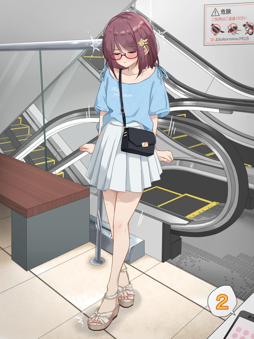 1girl arms_at_sides artist_name bag bench blue_shirt blush cellphone clenched_hands closed_eyes closed_mouth clothes_writing collarbone commentary_request crossed_legs escalator flat_chest full_body glasses handbag highres indoors kakuremino7928 large_variant_set legs miniskirt nail_polish original phone pink_nails pleated_skirt public_indecency public_vibrator purple_hair red-framed_eyewear remote_control_vibrator revision sandals semi-rimless_eyewear sex_toy shirt shirt_tucked_in short_hair short_sleeves shoulder_bag sidelocks sign signature skirt smartphone solo speech_bubble stairs standing star_(symbol) sweat tile_floor tiles toenail_polish toenails translated trembling twitter_username u_u variant_set vibrator vibrator_under_clothes watson_cross wavy_mouth white_sandals white_skirt