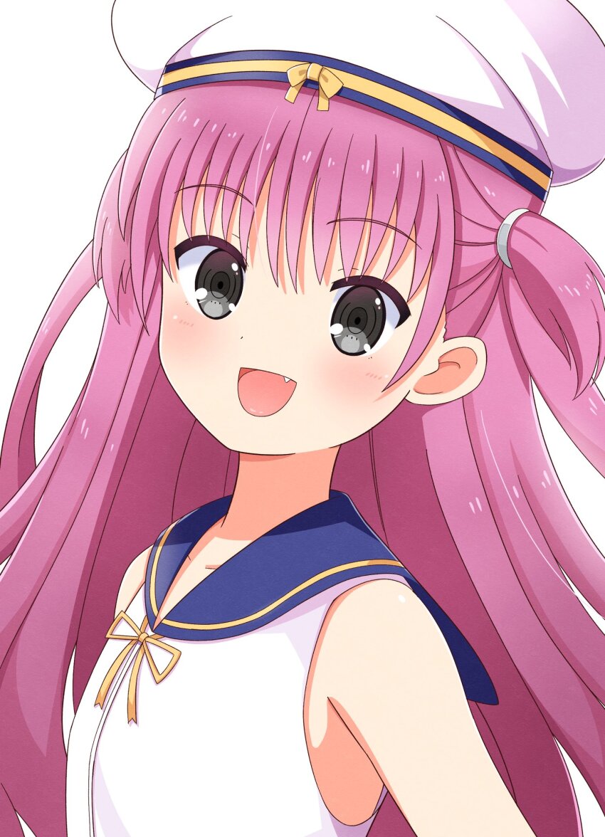 1girl :d bare_shoulders blue_sailor_collar blush commentary daimanzoku! fang grey_eyes hair_between_eyes happy hat highres katou_umi long_hair looking_at_viewer open_mouth pink_hair ribbon sailor_collar sailor_hat simple_background smile solo summer_pockets two_side_up upper_body white_background white_hat yellow_ribbon