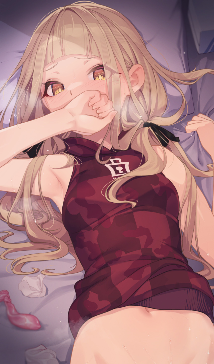 1girl armpits bare_arms bare_shoulders bed_sheet black_ribbon blonde_hair blush bottomless breasts commentary_request condom covering_own_mouth eyes_visible_through_hair groin hair_ribbon hand_over_own_mouth heavy_breathing highres hikichi_sakuya implied_sex long_sleeves looking_at_viewer low_twintails lying navel on_back out-of-frame_censoring pillow red_riding_hood_(sinoalice) ribbon sheet_grab sinoalice sleeveless small_breasts solo twintails upper_body used_condom used_tissue yellow_eyes