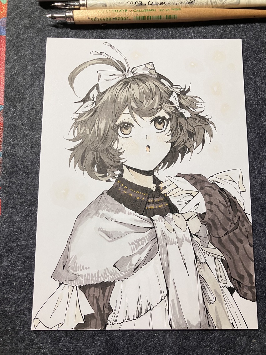 :o absurdres ahoge art_tools_in_frame bai_wuya_bu_he_naicha_yo bow brown_dress brown_eyes collared_dress dress flutterpage grey_hair hair_bow hand_up highres limited_palette long_sleeves looking_up marker_(medium) multiple_hair_bows nib_pen_(medium) nib_pen_(object) pen pen_(medium) photoshop_(medium) reverse:1999 scarf short_hair traditional_media white_scarf