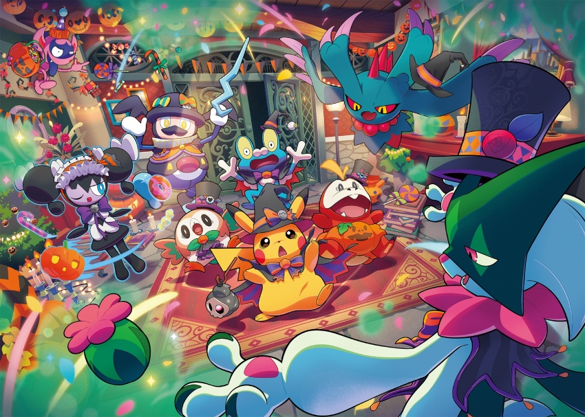 candy flutter_mane food froakie fuecoco gen_1_pokemon gen_5_pokemon gen_6_pokemon gen_7_pokemon gen_8_pokemon gothorita halloween halloween_bucket halloween_costume happy_halloween hat highres holding impidimp jack-o&#039;-lantern meowscarada mr._rime nintendo no_humans official_art open_mouth pikachu pokemon pokemon_(creature) pumpkin ribbon rowlet smile trick-or-treat_(pokemon) trick_or_treat