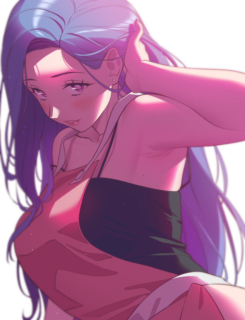 1girl andrian_januar_adilia apron armpit_crease black_camisole blue_hair borrowed_character breasts camisole collarbone commentary_request earrings forehead highres indonesian_commentary jewelry large_breasts lips long_hair looking_at_viewer mole mole_on_armpit original parted_bangs parted_lips pink_apron purple_eyes simple_background smile solo tucking_hair white_background