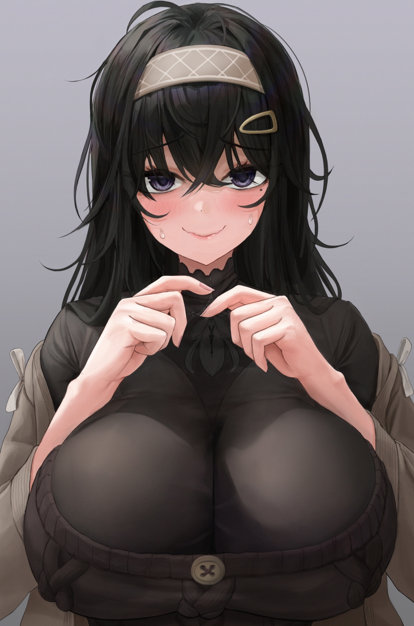 1girl ahoge black_hair black_sweater blush breasts brown_coat brown_hairband closed_mouth coat commentary commentary_request crossed_bangs embarrassed english_commentary fingernails furrowed_brow grey_background hair_between_eyes hair_ornament hairband hairclip hands_up highres huge_breasts irorong korean_commentary long_fingernails long_hair looking_at_viewer mixed-language_commentary mole mole_under_eye open_clothes open_coat original purple_eyes simple_background solo straight-on sweatdrop sweater unkempt upper_body wavy_mouth