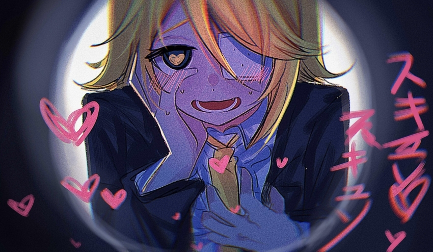 1girl black_jacket blonde_hair blue_eyes blueberry_hedy clutching_chest collared_shirt eyepatch hair_between_eyes hair_ornament hairclip hand_on_own_cheek hand_on_own_face heart heart-shaped_pupils highres jacket kagamine_rin looking_at_viewer medical_eyepatch monitoring_(vocaloid) necktie open_mouth ribbon shirt short_hair skirt smile solo symbol-shaped_pupils vocaloid white_shirt yellow_necktie