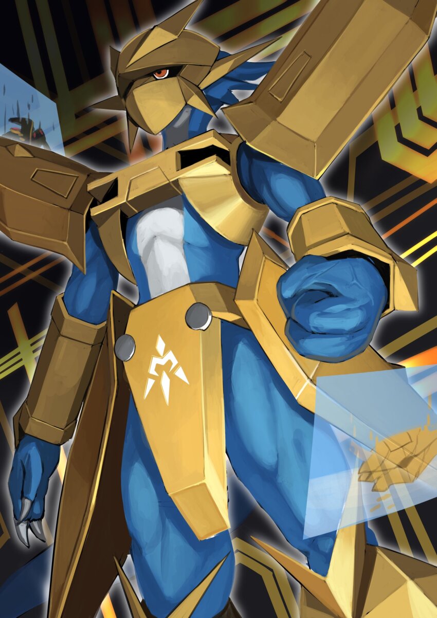 alphamon alternate_universe armor bakeneko38 blue_skin colored_skin commission cowboy_shot digimon digimon_(creature) digital_monster_x-evolution dragon gold_armor gold_helmet highres holographic_monitor magnamon multicolored_skin omegamon red_eyes skeb_commission solo_focus two-tone_skin white_skin