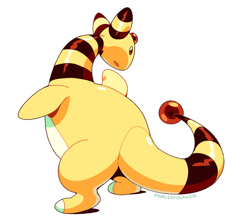 :o absurdres ampharos animal_focus commentary english_commentary fourleafisland full_body gen_2_pokemon highres looking_at_viewer looking_back nintendo no_humans open_mouth orb pokemon pokemon_(creature) simple_background solo standing tail white_background