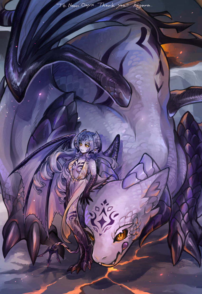 1girl animal_feet animal_hands brown_sclera claws colored_sclera colored_skin commentary_request commission curly_hair dragon dragon_girl dragon_horns dragon_tail dragon_wings dress full_body highres hogara horns lava long_hair looking_at_viewer monster_girl original outdoors pointy_ears purple_hair purple_skin skeb_commission solo standing tail very_long_hair western_dragon wings yellow_eyes