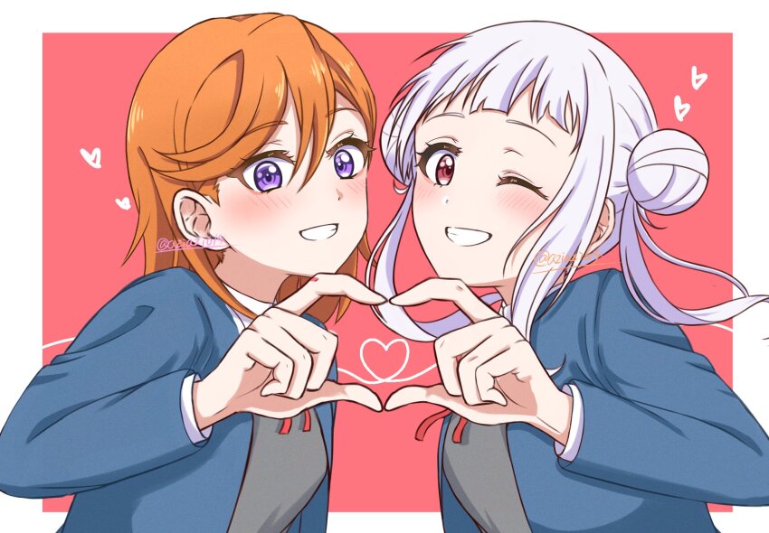 2girls arashi_chisato arched_bangs aziazi014 border commentary_request double_bun hair_bun hand_up heart heart_hands heart_hands_duo highres long_hair long_sleeves looking_at_viewer love_live! love_live!_superstar!! multiple_girls neck_ribbon one_eye_closed orange_hair outside_border purple_eyes red_eyes red_ribbon ribbon school_uniform shibuya_kanon sidelocks smile teeth twitter_username upper_body white_border white_hair yuigaoka_school_uniform