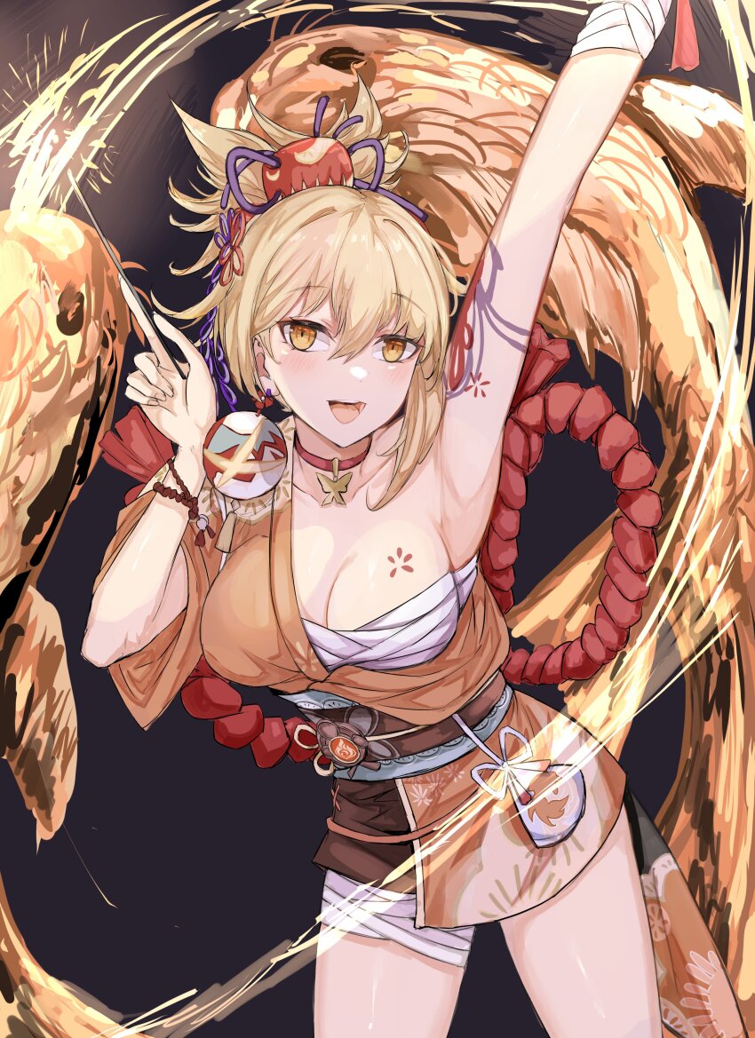 1girl :d absurdres arm_tattoo arm_up armpits bandaged_leg bandages black_sash blonde_hair breasts chest_sarashi chest_tattoo choker commentary cowboy_shot genshin_impact hand_up highres japanese_clothes kimono large_breasts looking_at_viewer nui_gurumi obi open_mouth orange_kimono ponytail red_choker sarashi sash short_hair short_kimono smile solo standing tattoo thighs yellow_eyes yoimiya_(genshin_impact)